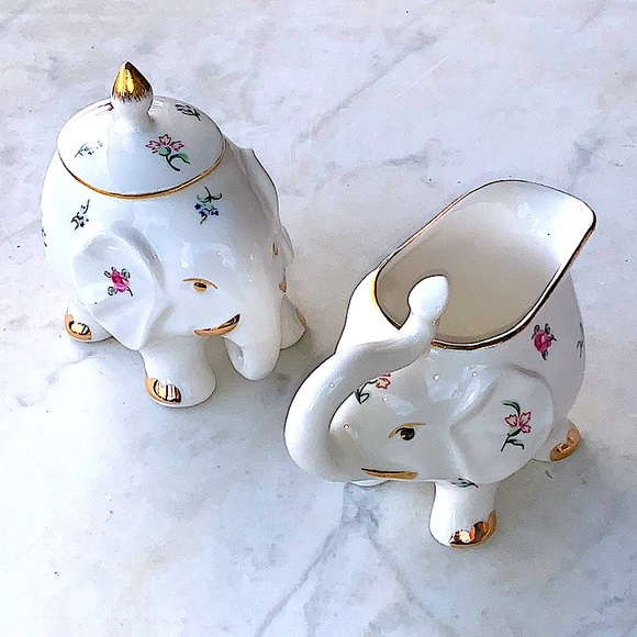 GRACE’S TEAWARE CREAMER & SUGAR BOWL SET ELEPHANT FLOWERS GOLD TRIM - Picture 5 of 14